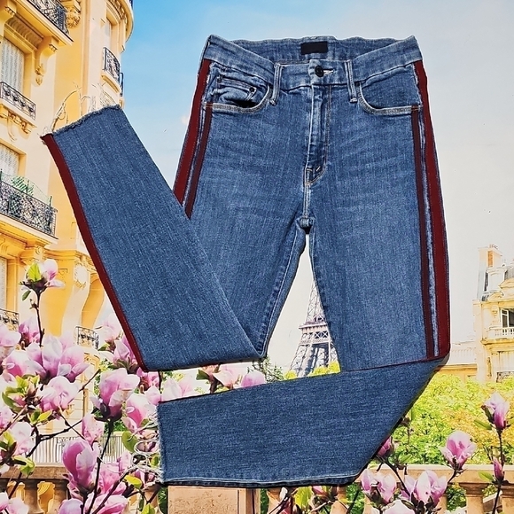 Mother Frayed Hem Stylish Denim Jeans with Red Stripe Jeans Size 26 - Picture 1 of 7